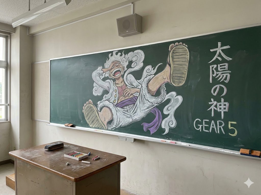 Gear 5 Chalk Art in Japanese Classroom — Sora 2 Prompt