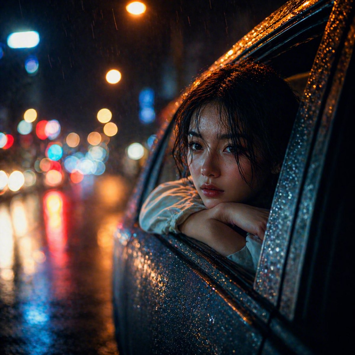 Film Noir Rainy Car Window — Cinematic AI Prompt