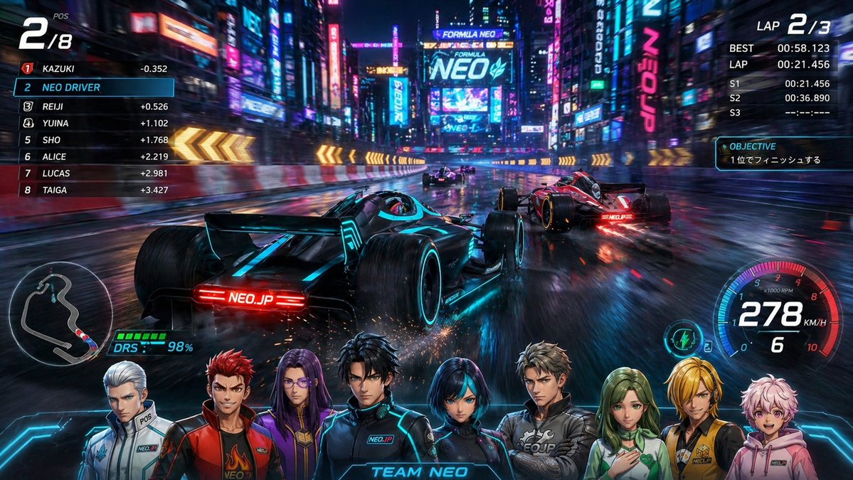 Cyberpunk Formula Neo Racing HUD — Sora 2 Prompt