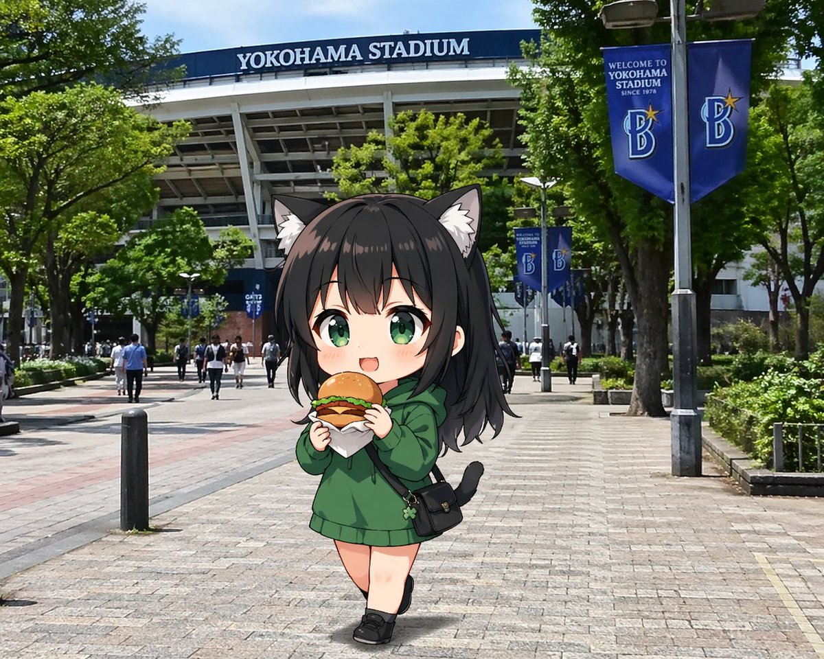 Yokohama Stadium Chibi Cat Girl — Sora 2 Prompt