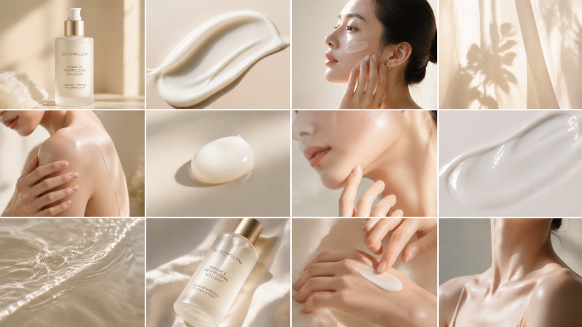 Luxury Skincare Editorial Grid: 12-Cell Creamy Light Ad Prompt