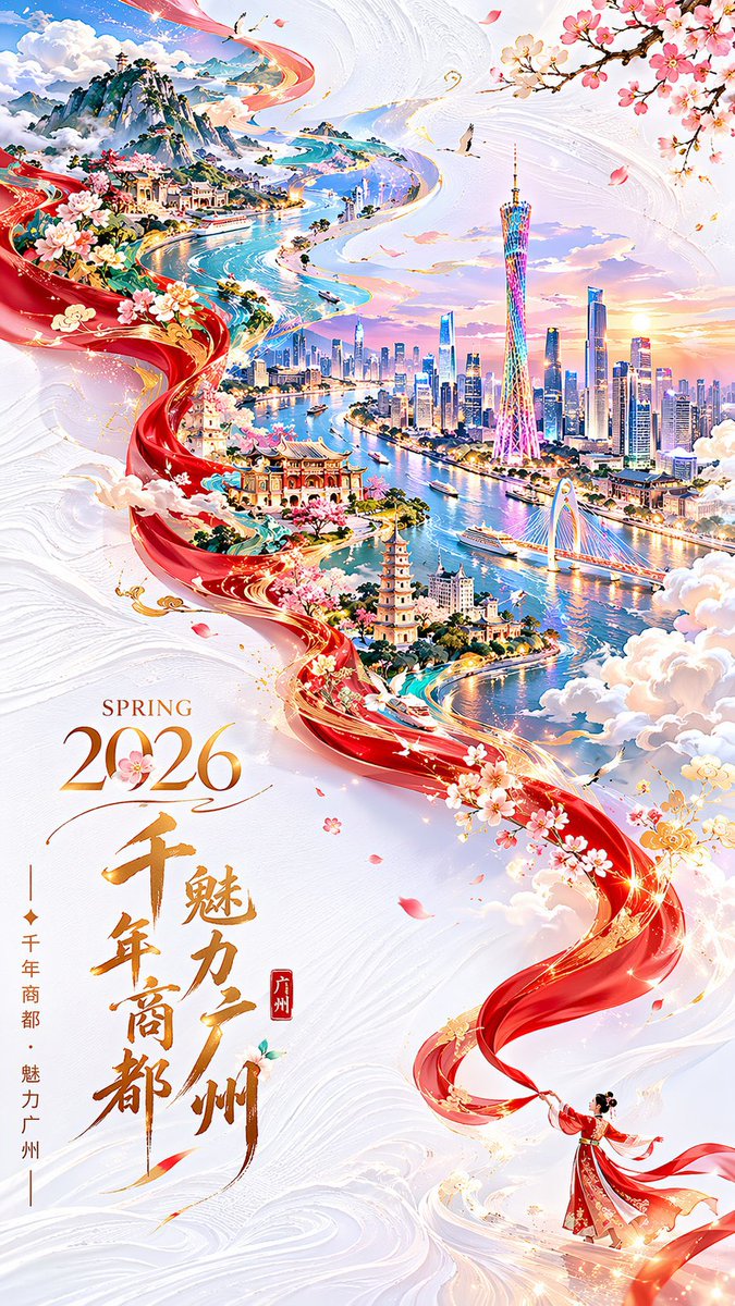 Guangzhou 2026 Poster: Silk Ribbon Cityscape — Sora 2 Prompt