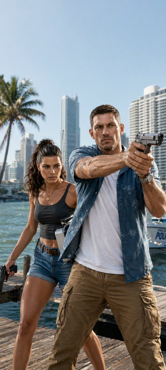 Miami Dock Action Movie Still — Cinematic Buddy-Cop Prompt