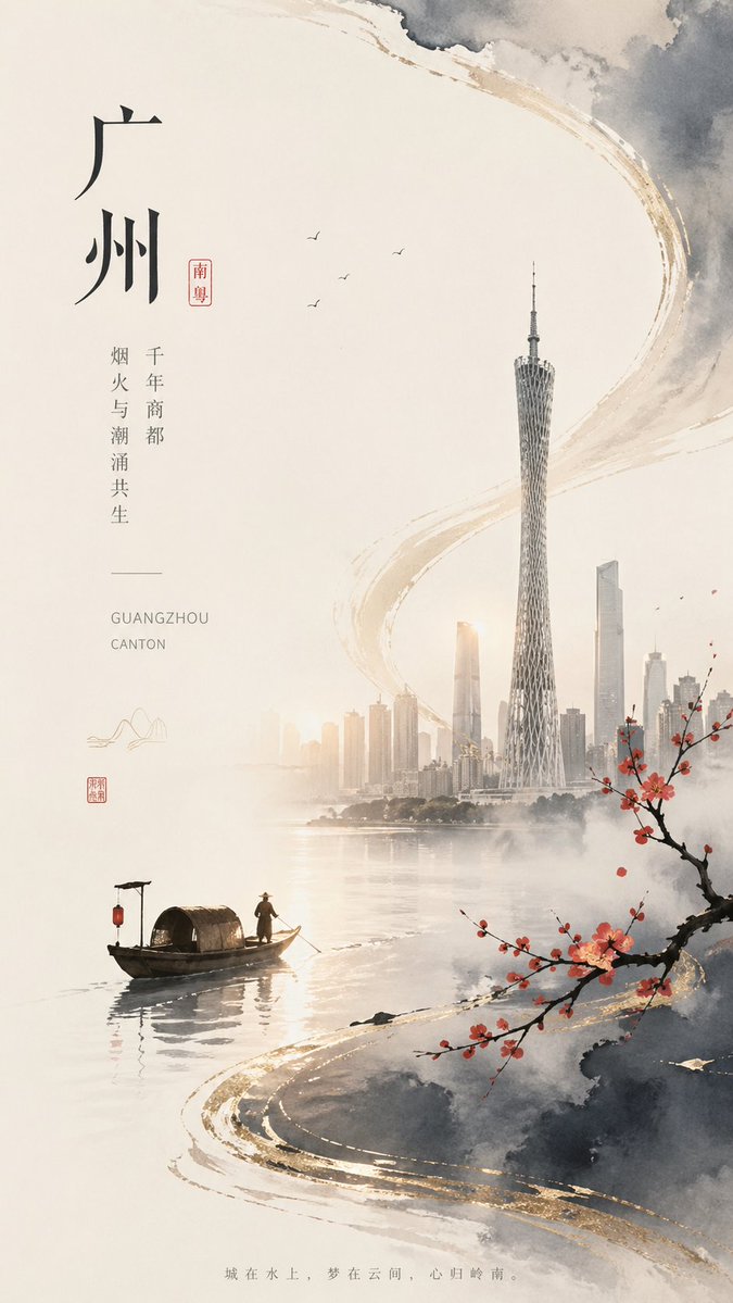 Guangzhou Ink Skyline — Modern Chinese Ink Poster Prompt
