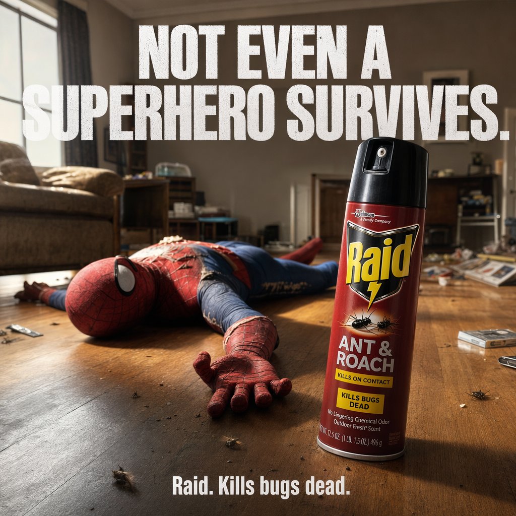 Cinematic Insecticide Ad with Downed Superhero — Sora 2 Prompt
