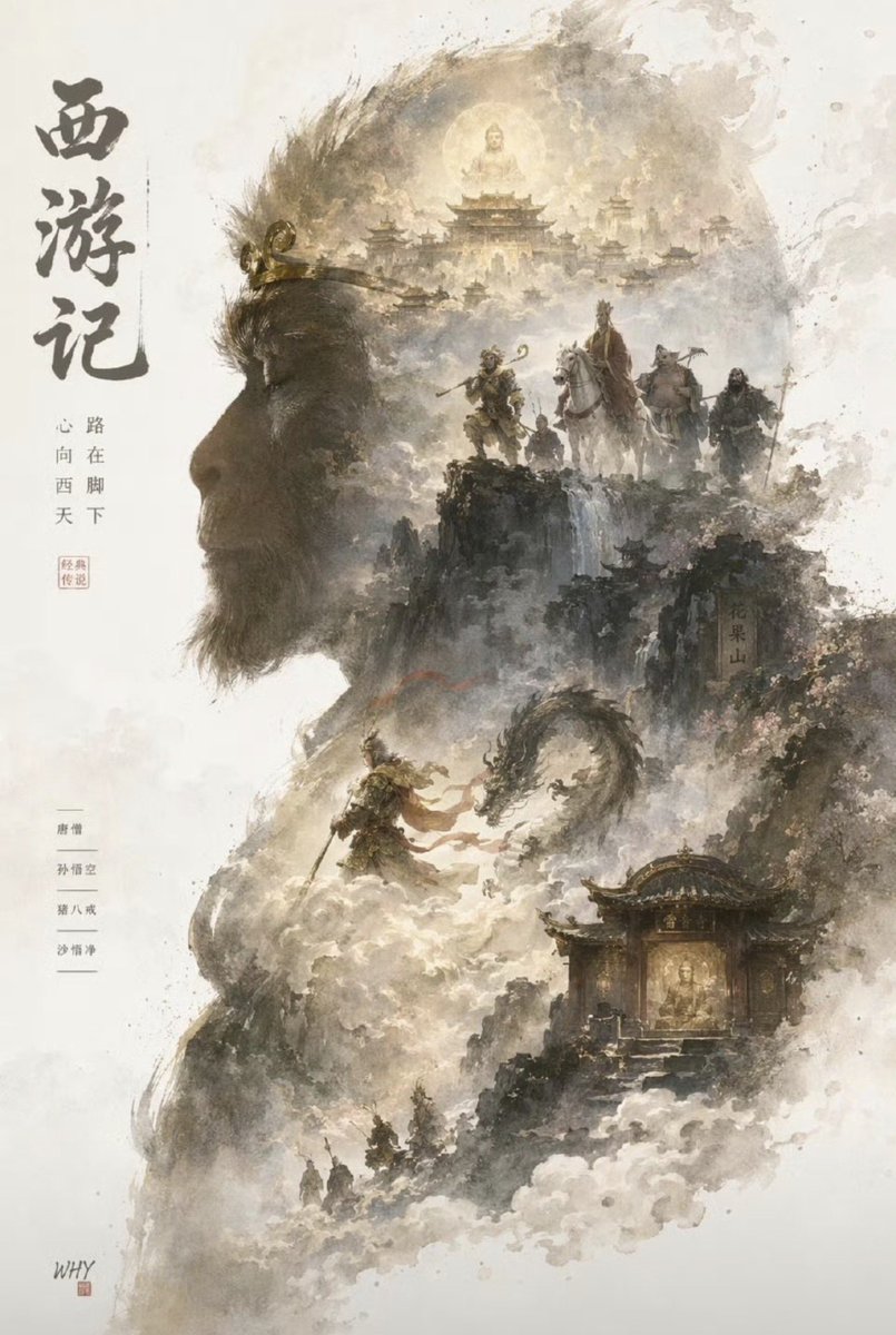 Sun Wukong Double-Exposure Ink Fantasy Poster — Sora 2 Prompt