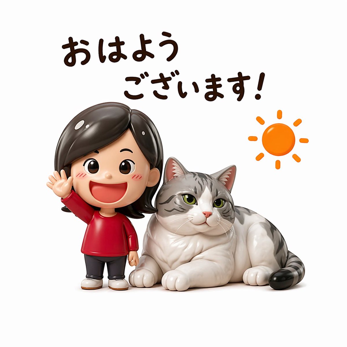 Cute 3D Sticker: Girl & Cat ‘Ohayou’ — Sora 2 Prompt