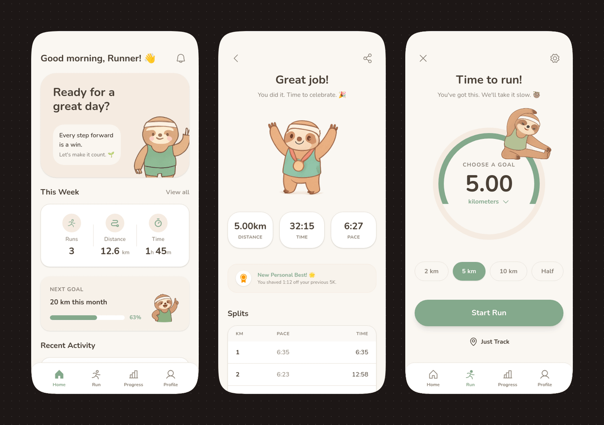 Mobile Fitness App UI: Pastel Run Tracker with Sloth Mascot
