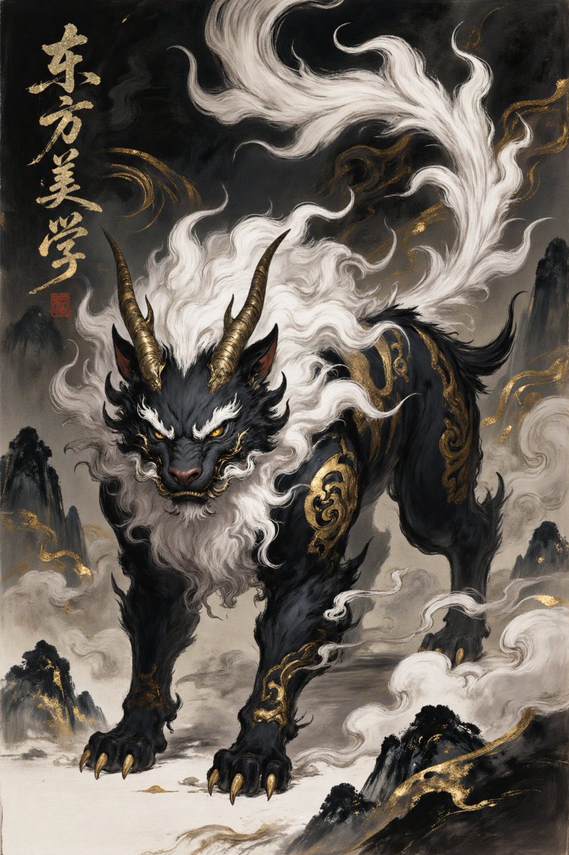 Suanni Guardian Beast — Chinese Ink & Gold Concept Art Prompt