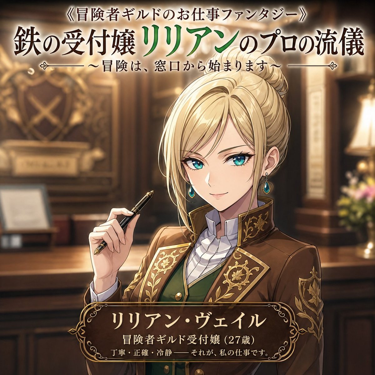 Fantasy Guild Receptionist Novel Cover — Anime Sora 2 Prompt