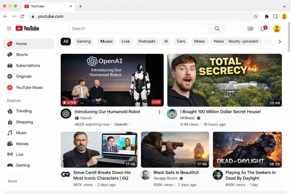 YouTube Homepage Browser UI — Sora 2 Prompt
