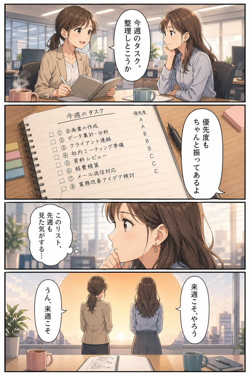 Office Manga: Task Planning 4-Panel Scene — Sora 2 Prompt