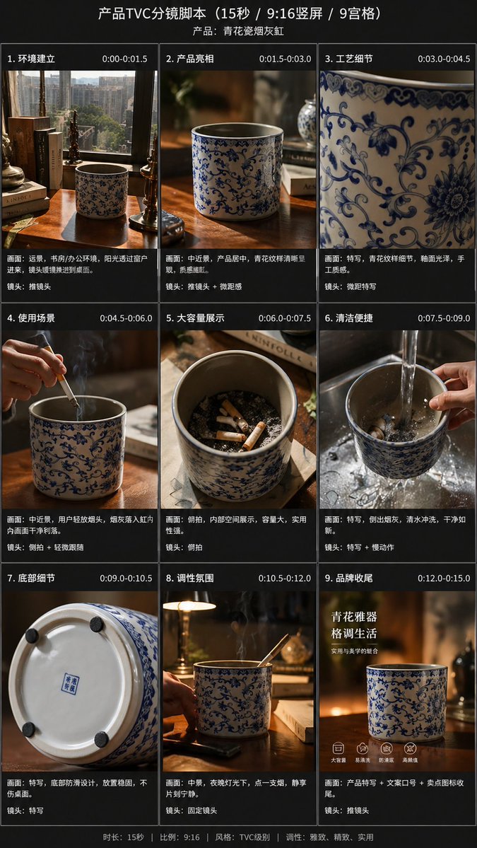 Product TVC Storyboard Generator — 9-Grid Vertical Ad