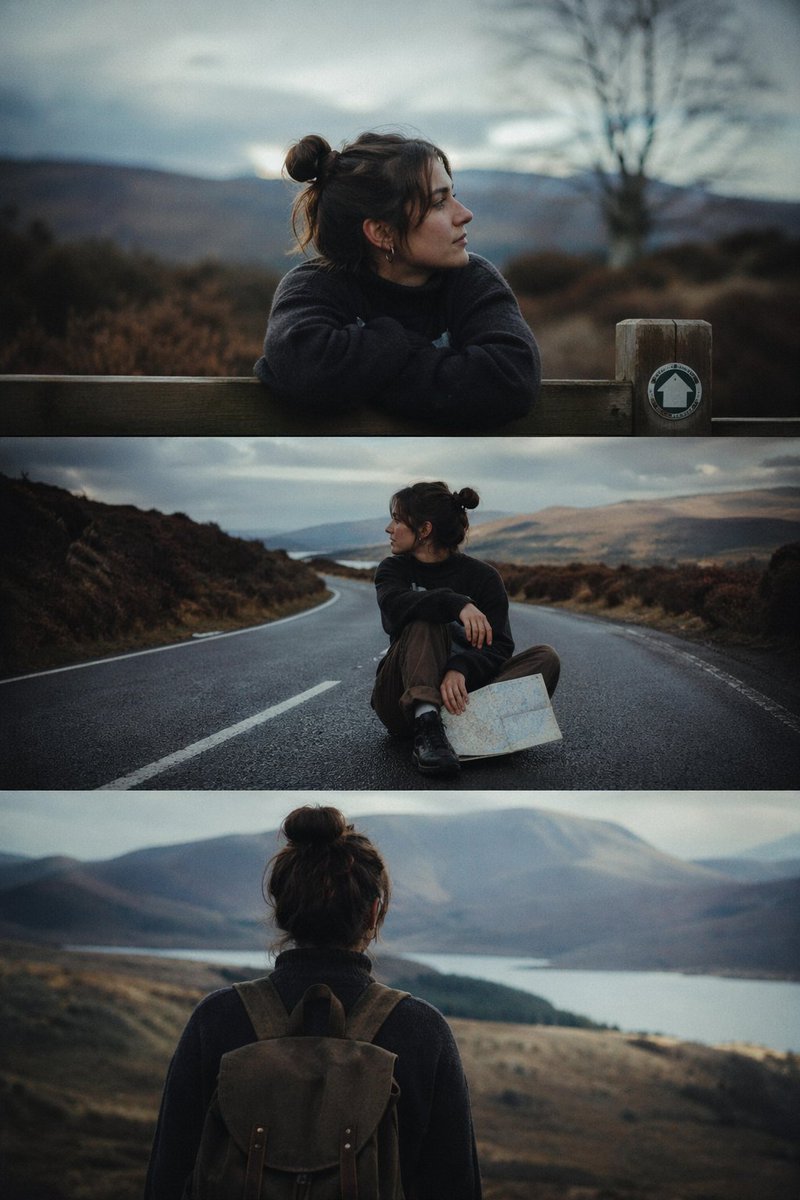 Cinematic 3-Frame Solo Travel Triptych — Sora 2 Prompt