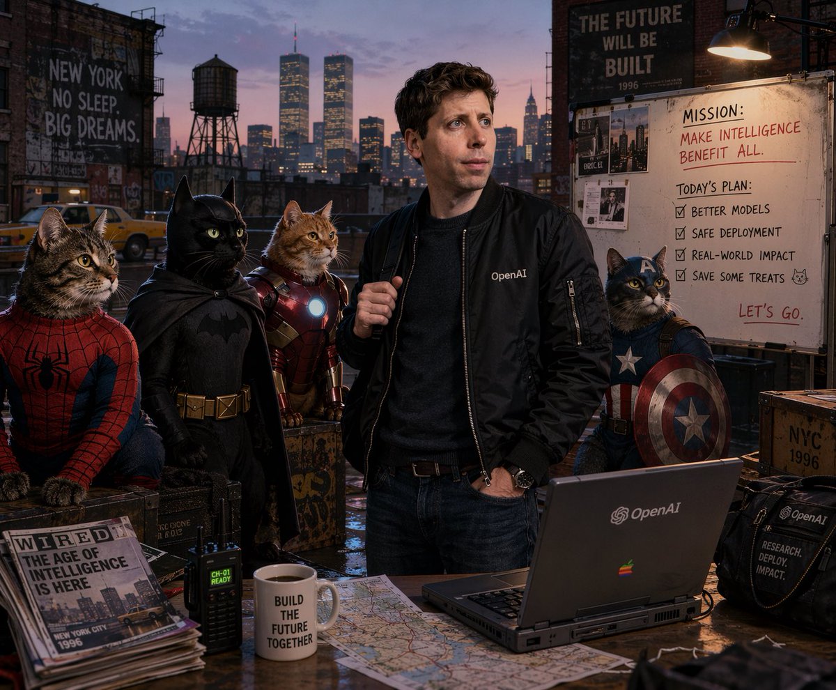 Sam Altman & Superhero Cats in 1996 NYC — Sora 2 Prompt