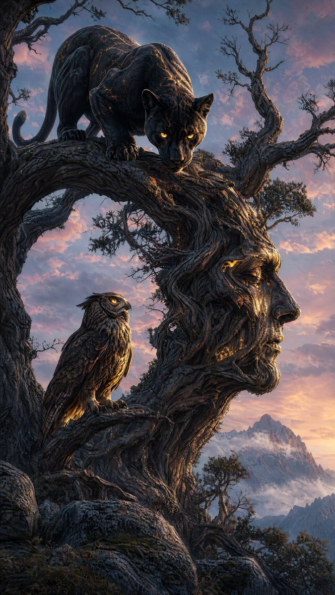 Fantasy Panther & Owl in Surreal Tree — Sora 2 Prompt
