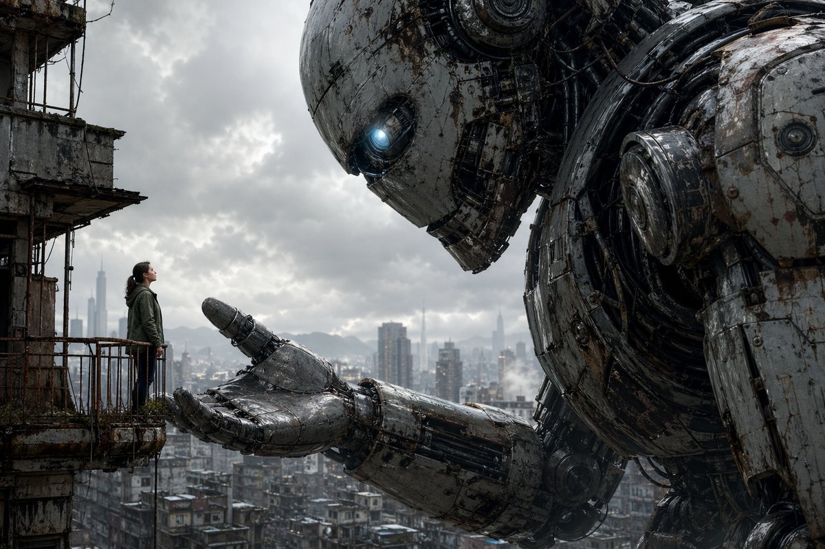 Cinematic Sci-Fi: Giant Robot Reaches Out to Woman — Sora 2 Prompt