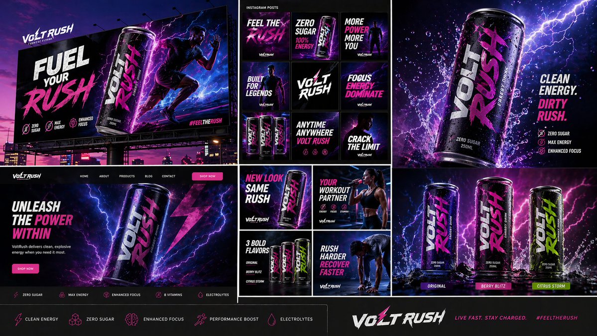 VoltRush Campaign Visuals — Neon Energy Drink Prompt