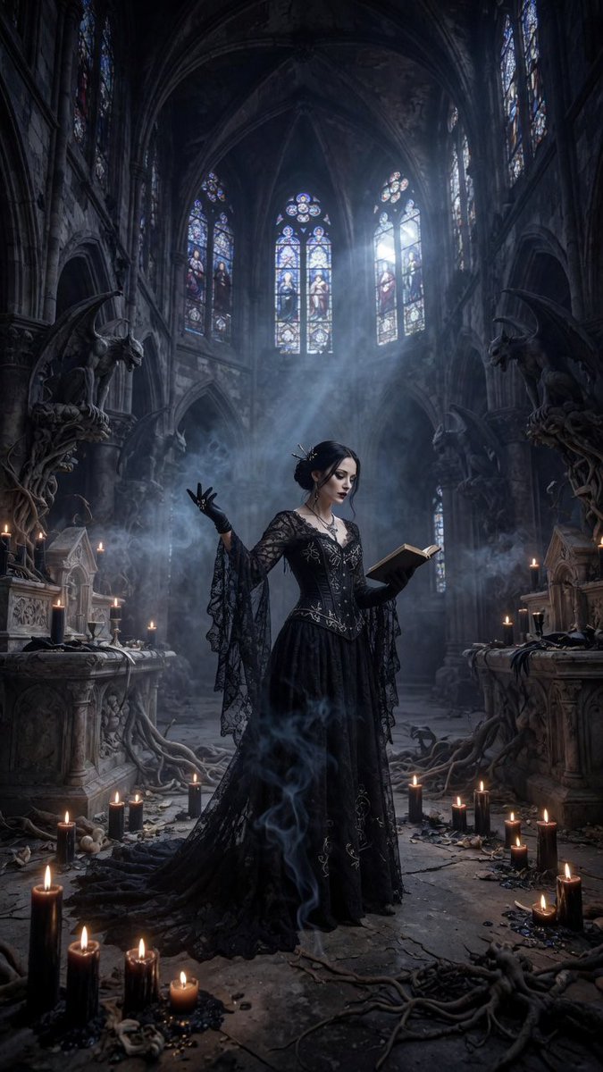 Gothic Witch in Ruined Cathedral — Sora 2 Prompt