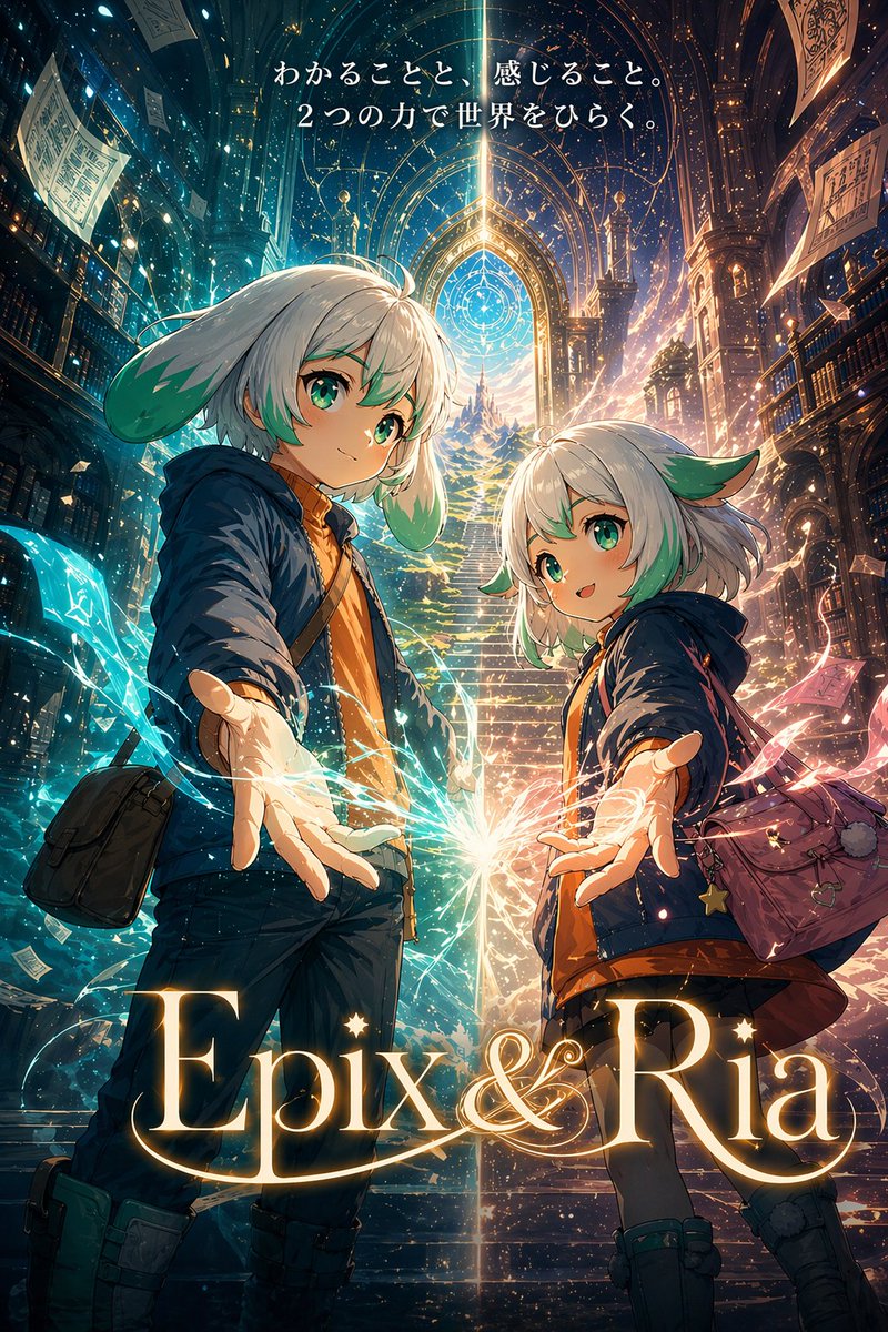 Epix & Ria: Magical Library Anime Poster — Sora 2 Prompt