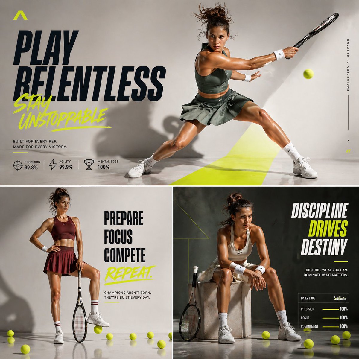 Elite Tennis Ad Campaign Prompt — 3-Panel Cinematic Layout