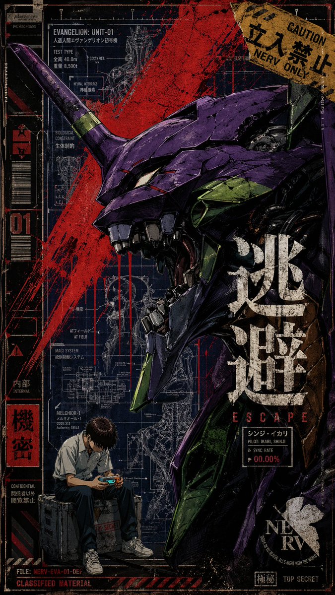 Hardcore Mecha Anime Poster — Weathered Unit-01 Blueprint
