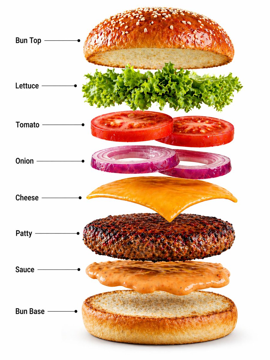 Cheeseburger Photo & Exploded Infographic — Sora 2 Prompt