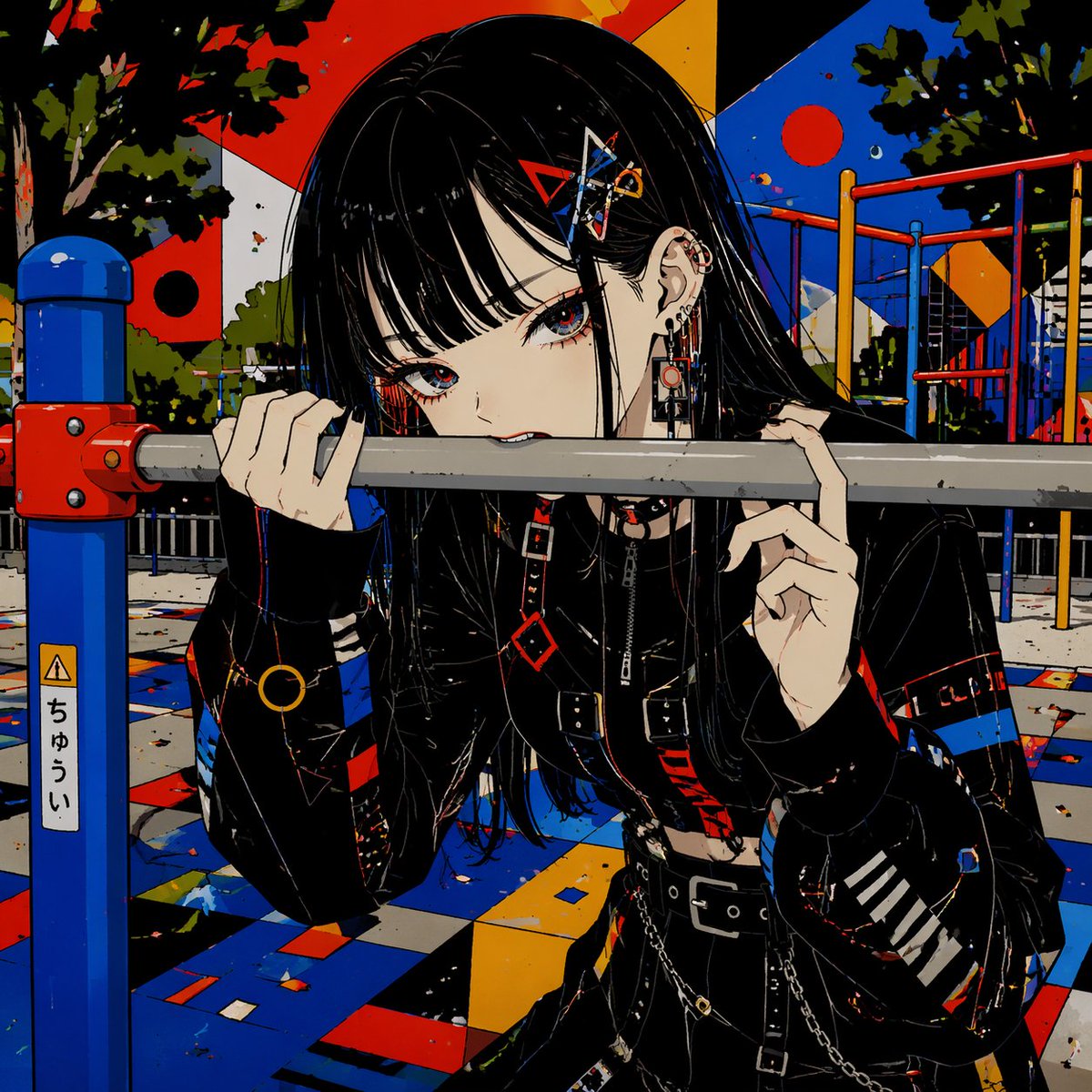 Gothic Anime Girl Bites Playground Rail — Sora 2 Prompt