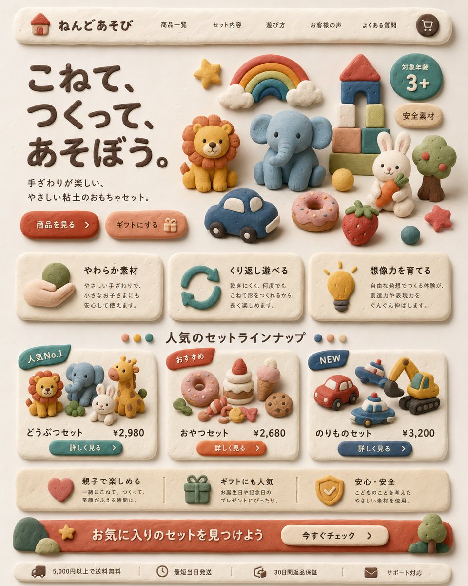 Handmade Clay Toy Brand Japanese Landing Page UI — Sora2 Prompt