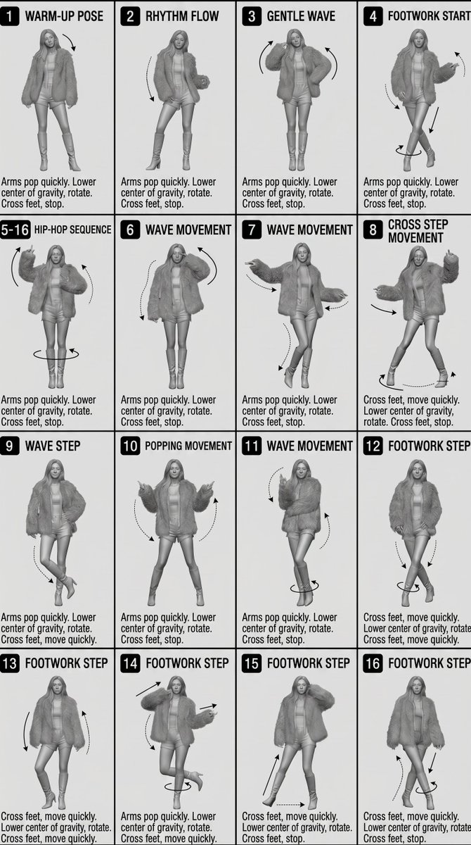 16-Panel Hip-Hop Dance Move Chart — Grayscale Style