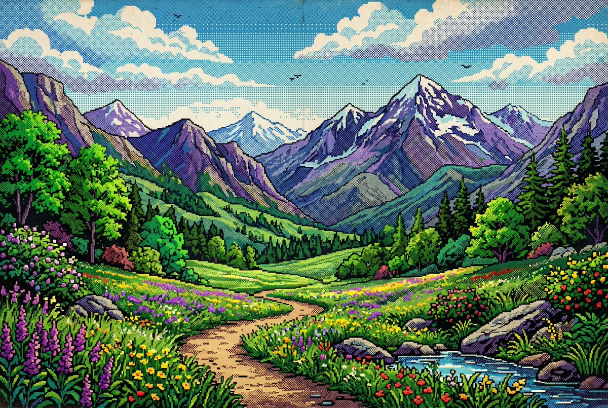 Halftone Retro Pixel Art Valley — Sora 2 Prompt
