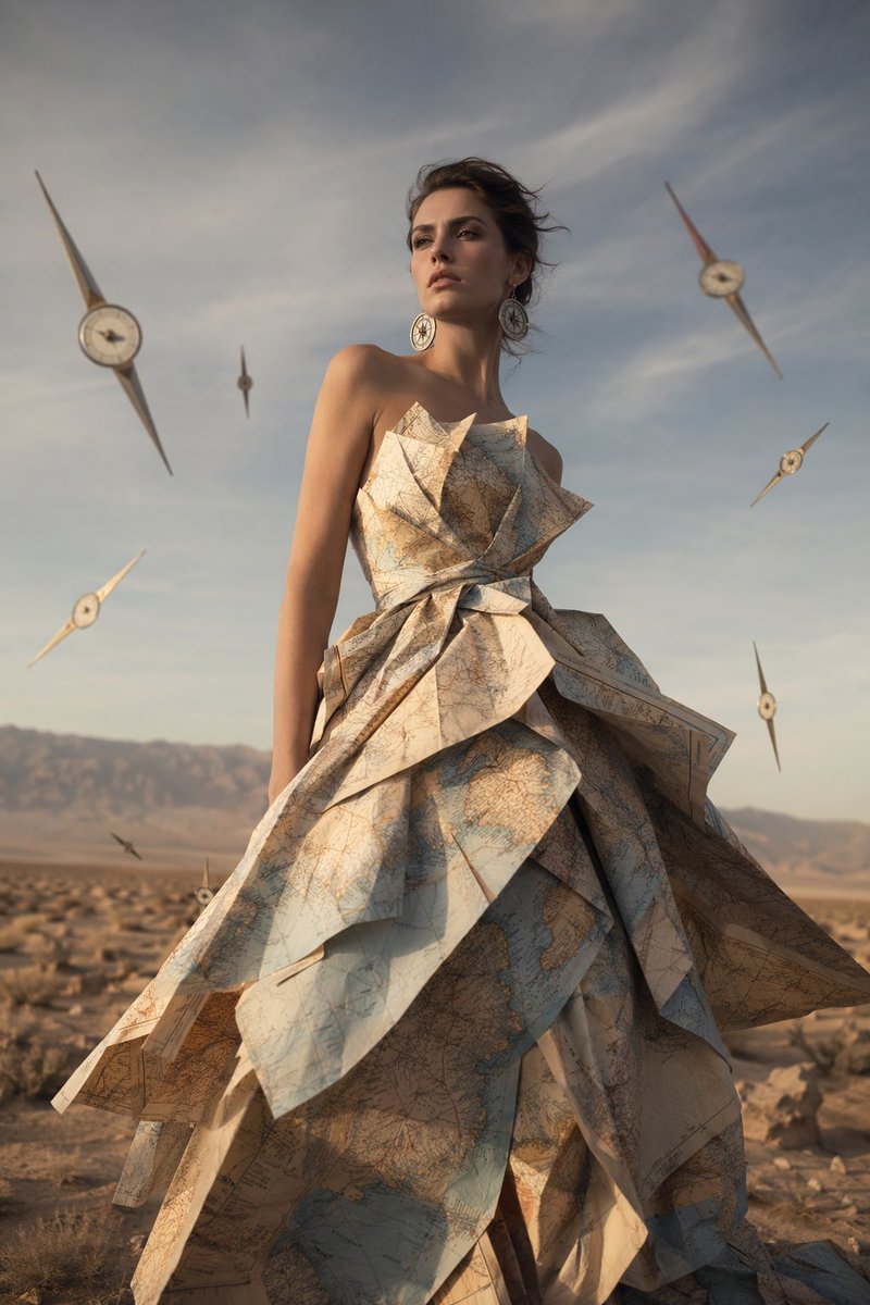Fashion Portrait: Map Origami Gown in Desert — Sora 2 Prompt