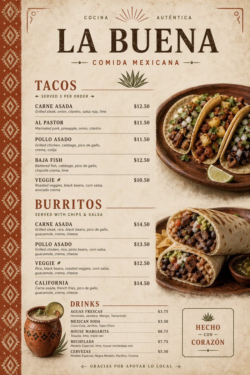 Modern Mexican Menu Prompt — Realistic Tacos & Burritos Design