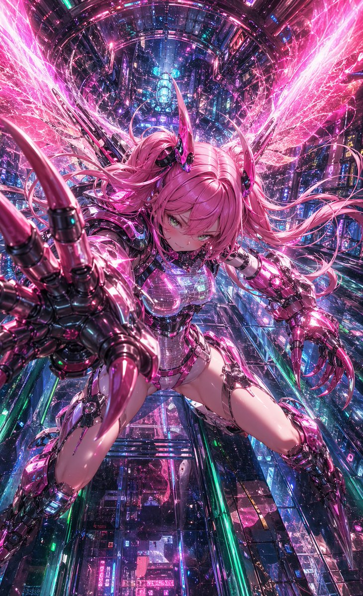 Cyberpunk Pink Cyborg Angel Girl — Sora 2 Prompt