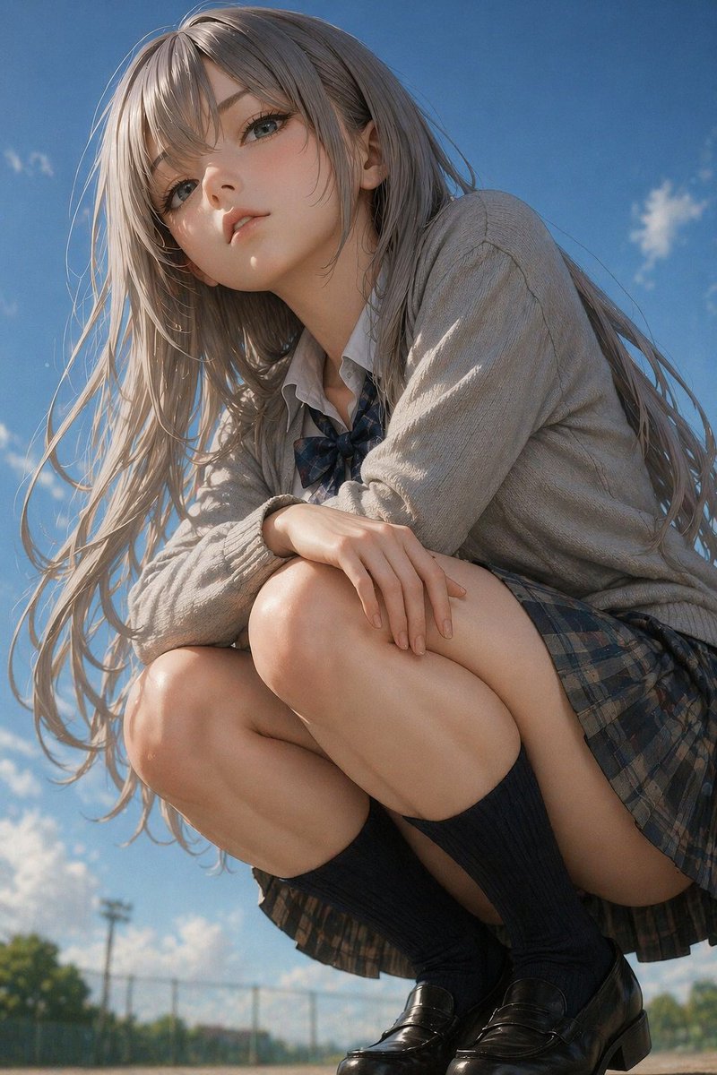 Realistic Anime Girl Crouching Portrait — Sora 2 Prompt