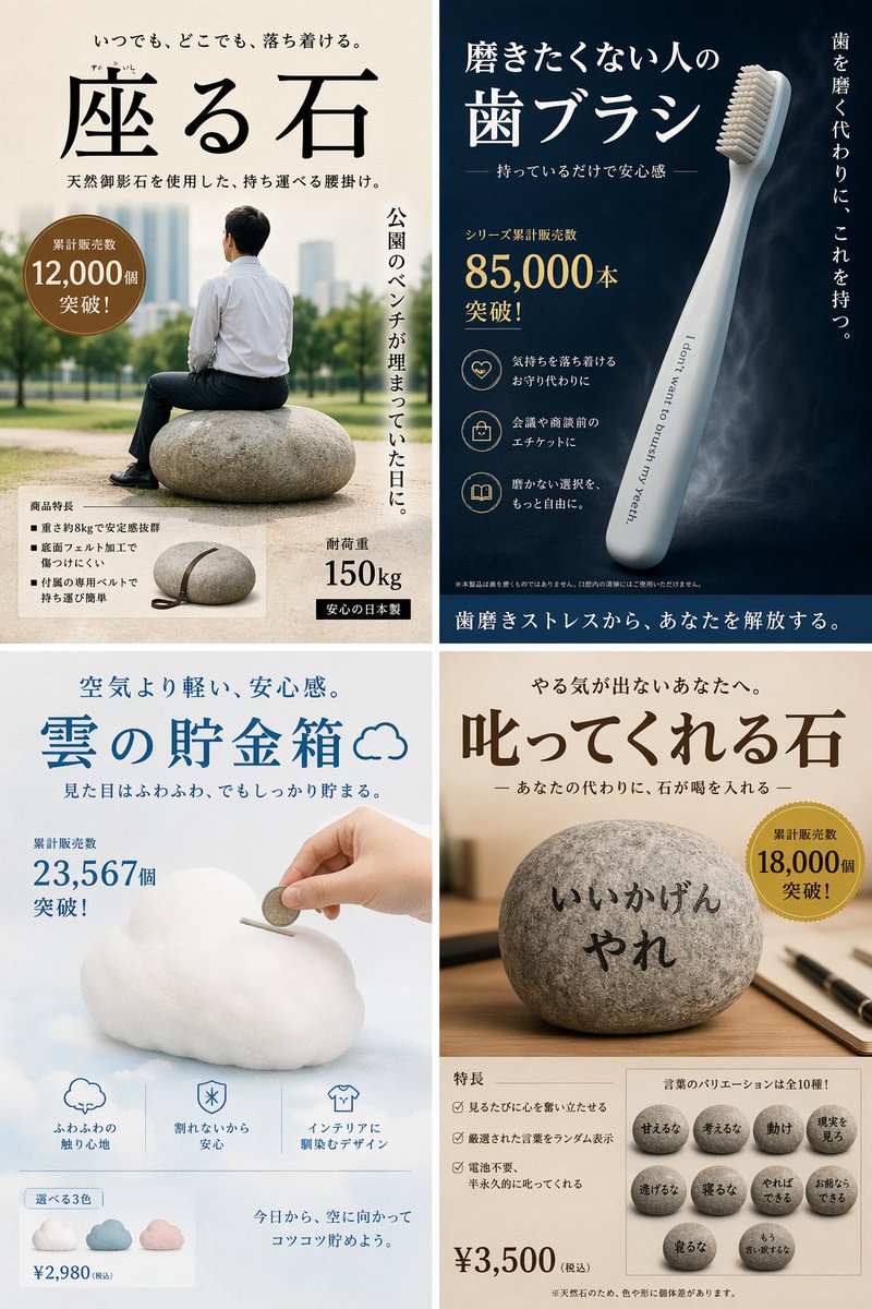 Satirical 4-Panel Product Ad Grid — Humorous AI Prompt