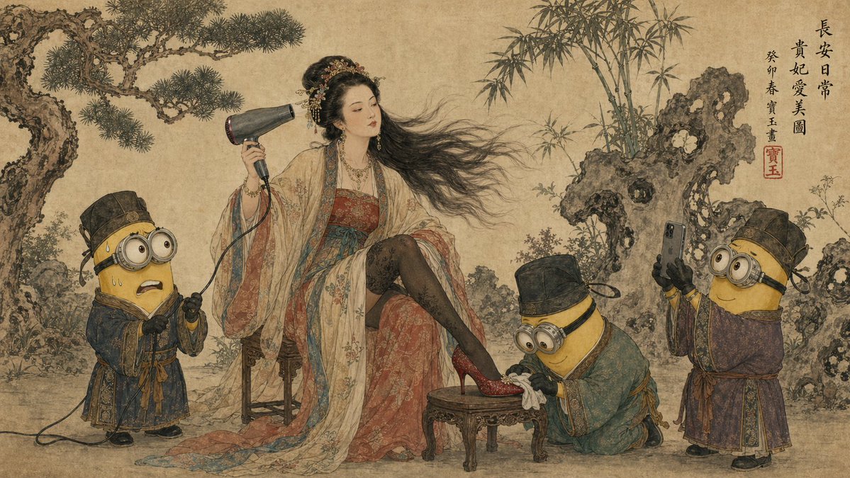 Tang Dynasty Noblewoman & Minions Gongbi Art — Sora 2 Prompt