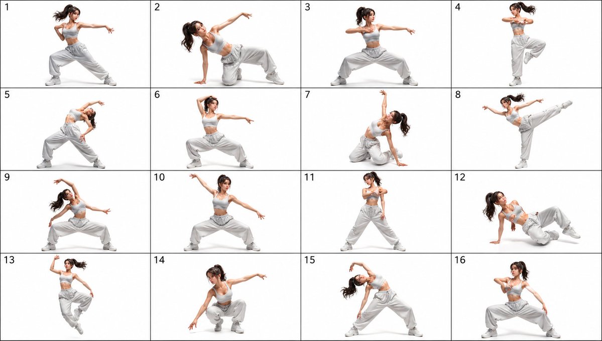 Dancer Pose Reference Sheet — 16-Panel Studio Layout