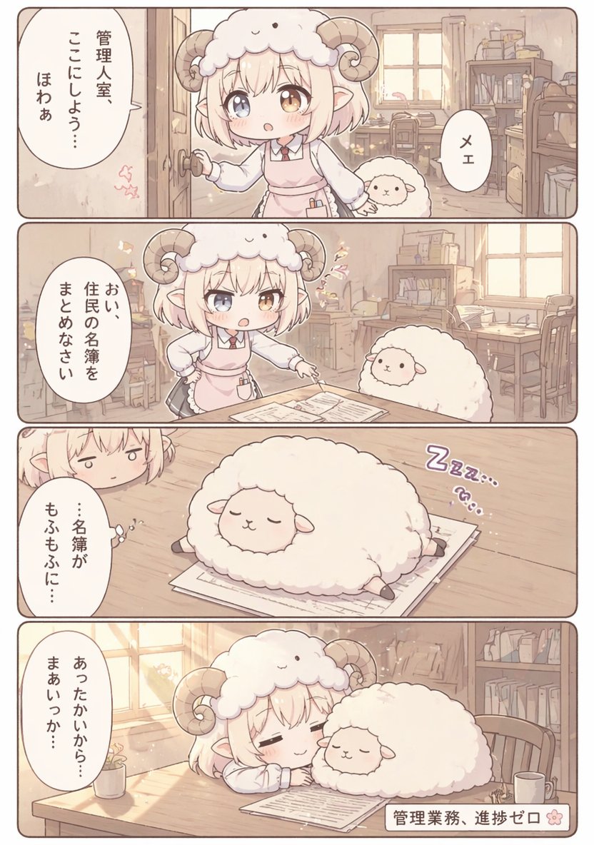 4-Panel Cozy Office Manga Prompt — Goat-Horn Girl & Sheep
