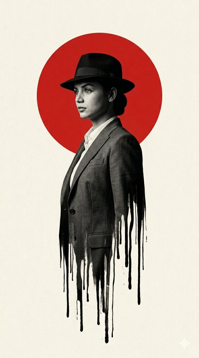 Film Noir Man with Red Sun & Ink Drips — Sora 2 Prompt