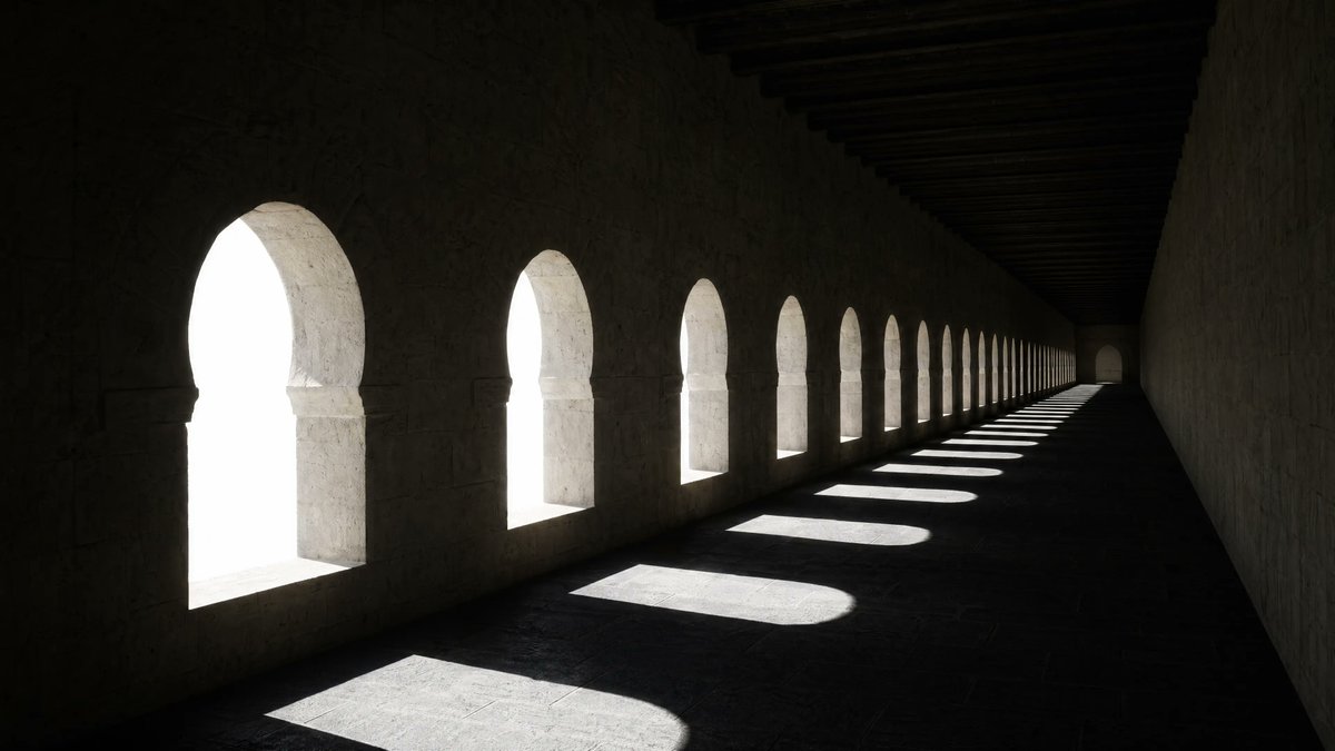 Dramatic Stone Corridor with Arched Windows — Sora 2 Prompt