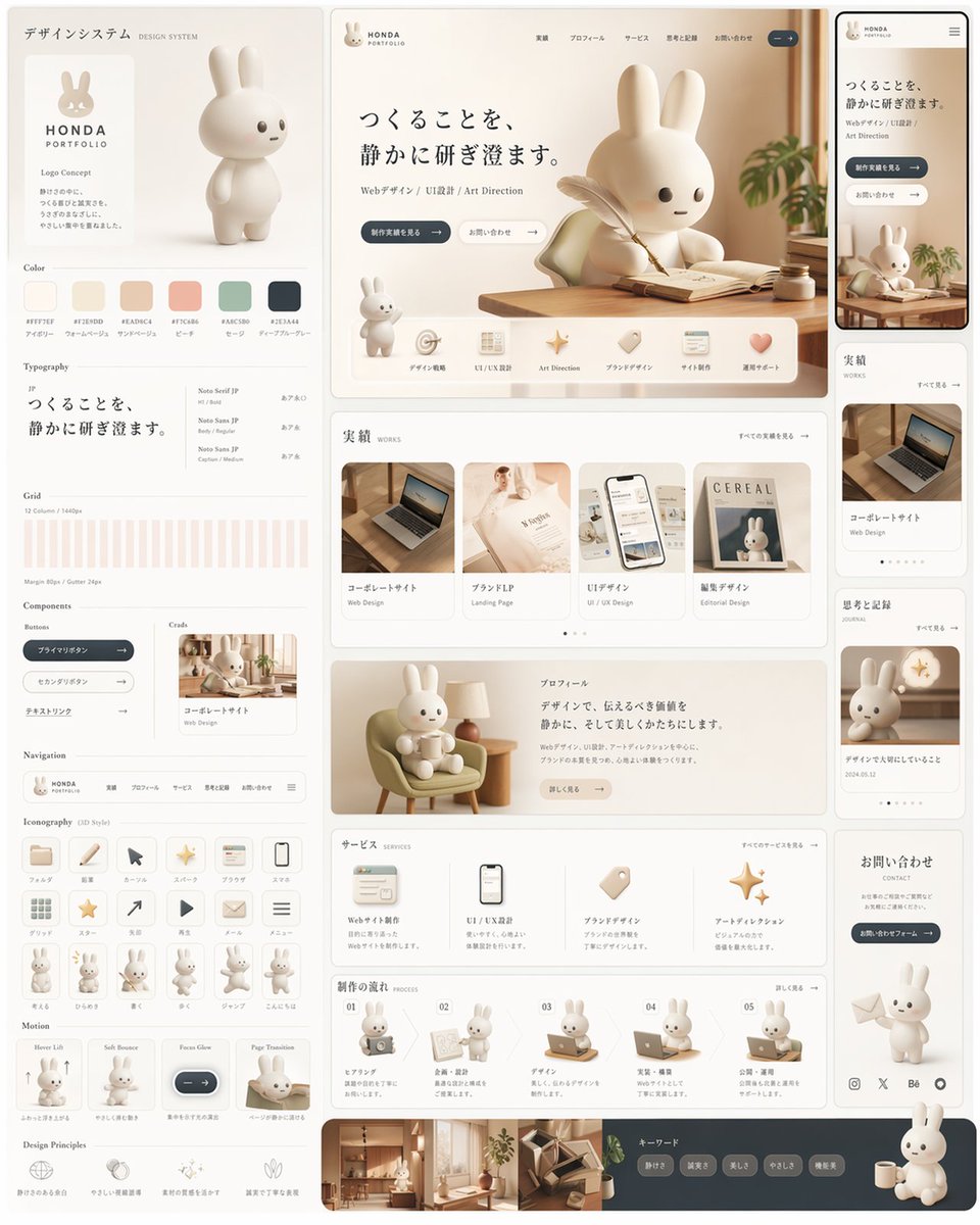 Warm Japanese Design Portfolio with 3D Bunny — Sora Prompt