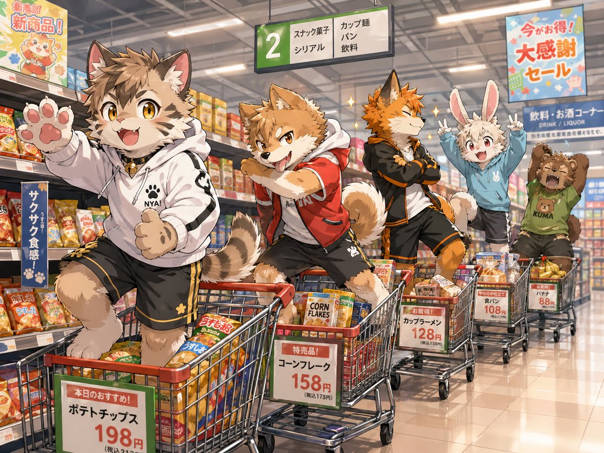 Japanese Supermarket Mascot Parade — Anime Shopping Cart Prompt