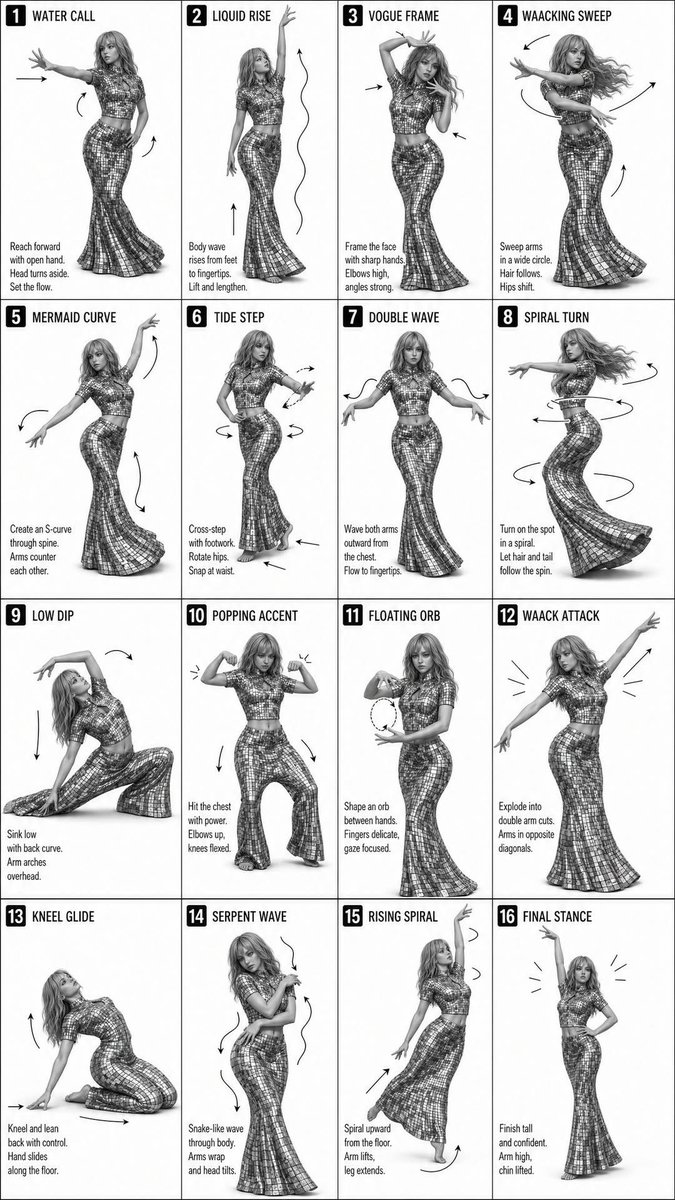 16-Step Black & White Dance Instruction Poster — Sora 2 Prompt