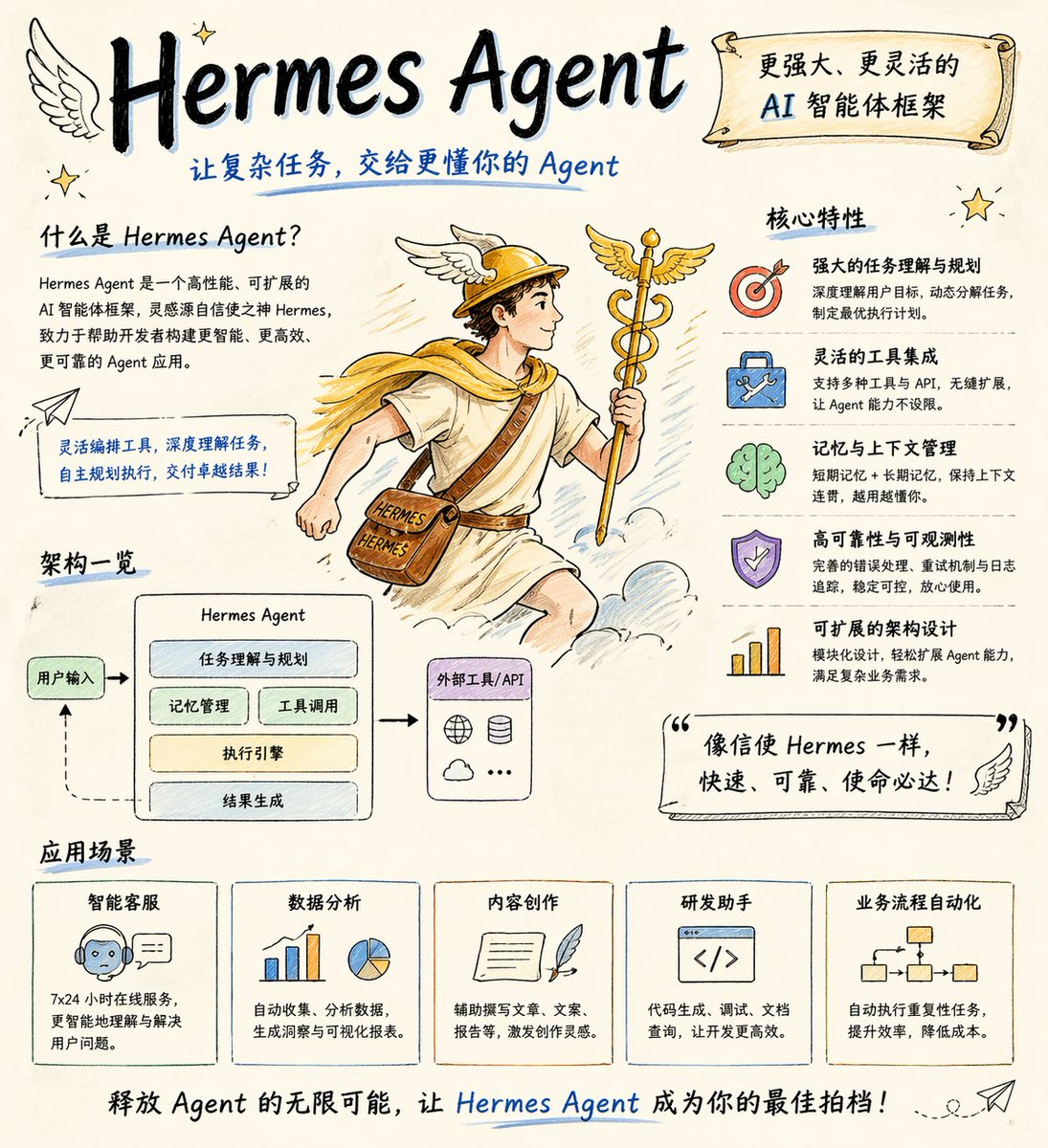 Hand-Drawn Hermes Agent Poster — AI Image Prompt