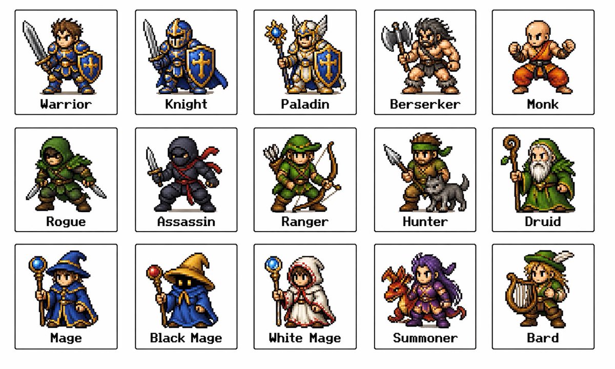 Retro Fantasy RPG Job Class Pixel Sprites — Sora 2 Prompt