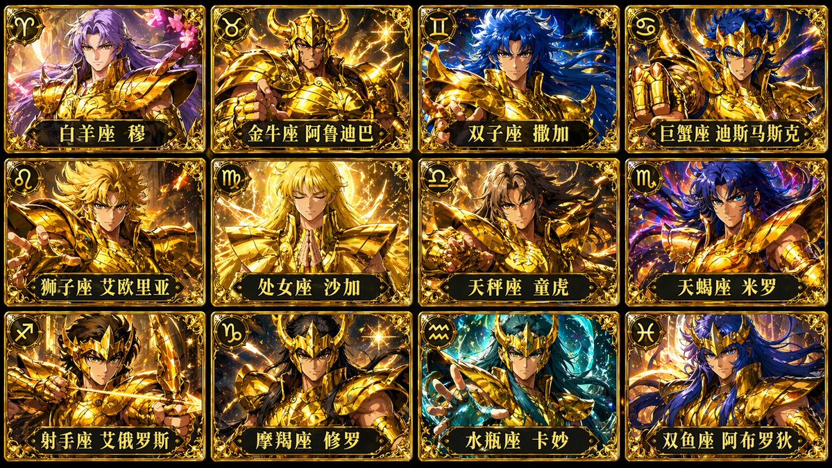 Gold Saint 12 Palace Card Grid — Sora 2 Prompt