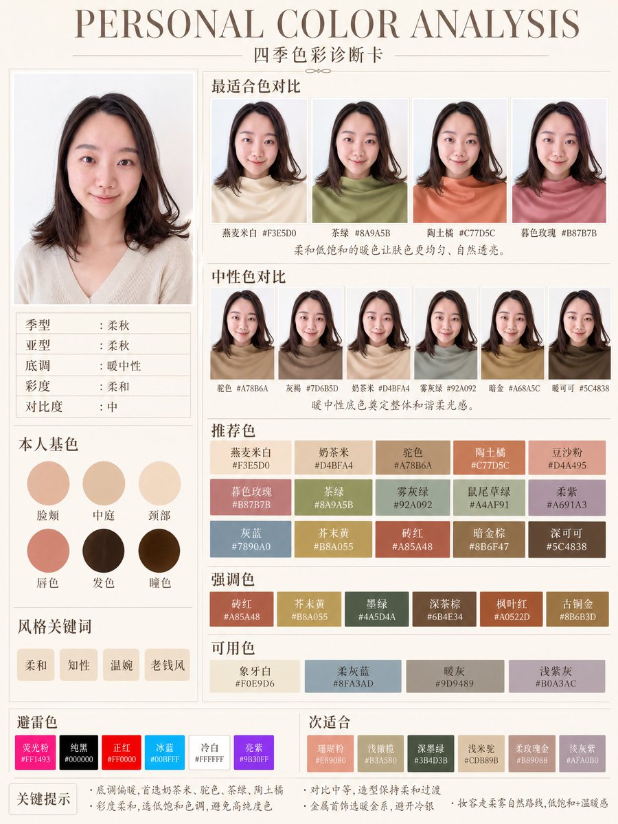 Soft Autumn Personal Color Analysis Infographic — Sora 2 Prompt