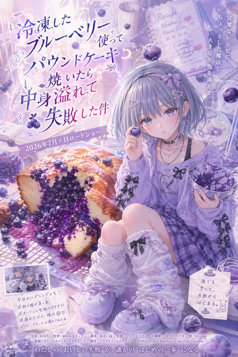 Lilac Blueberry Cake Disaster Anime Poster — Sora 2 Prompt