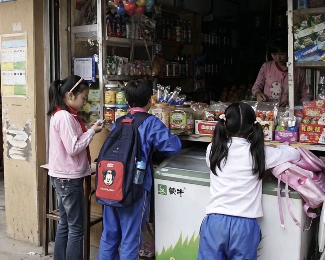 Chinese Elementary Students at Corner Store — Realistic Street Snapshot